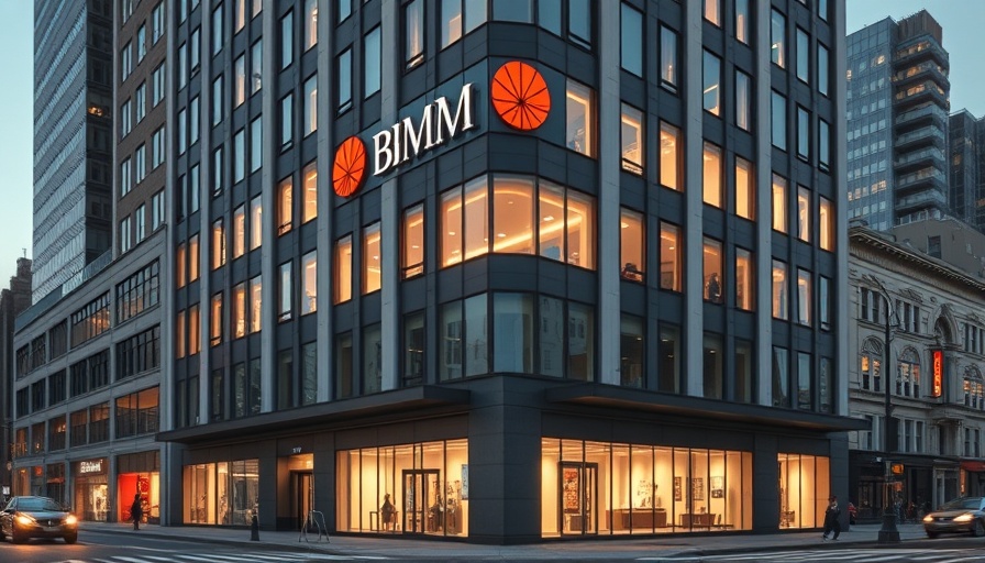 Modern BMO bank building at dusk, cash back rebates on BMO credit cards.