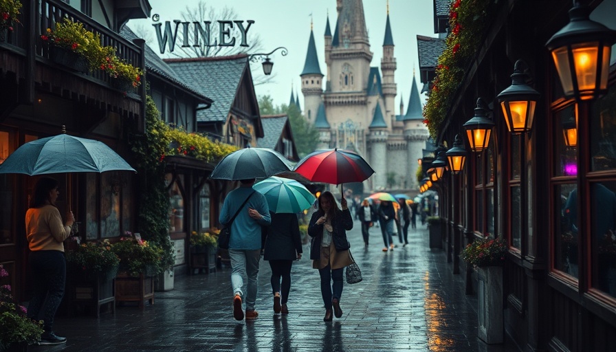 Whimsical village walkway with colorful umbrellas and fairytale castle in the rain.