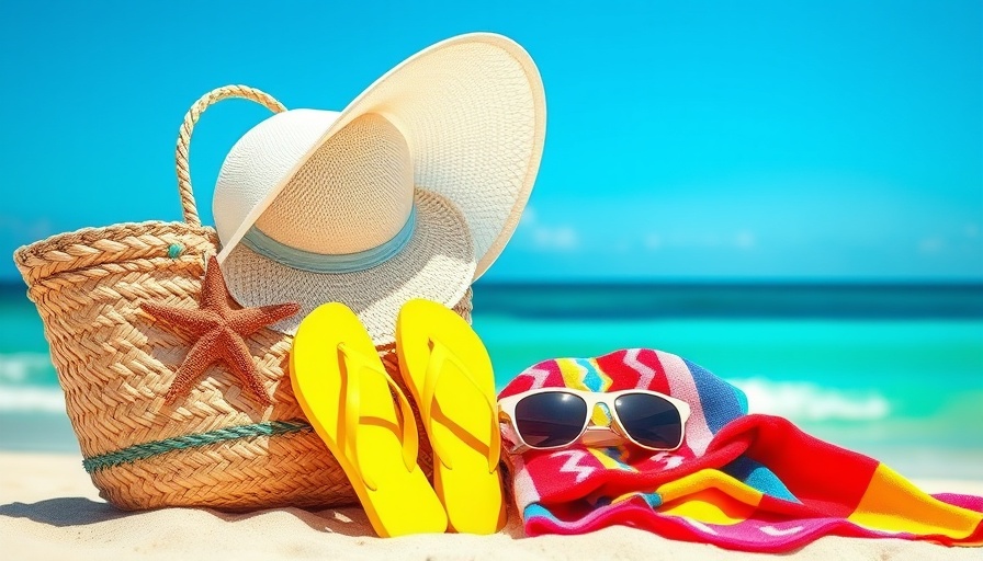 Colorful beach essentials for family traveling on a weekend getaway.