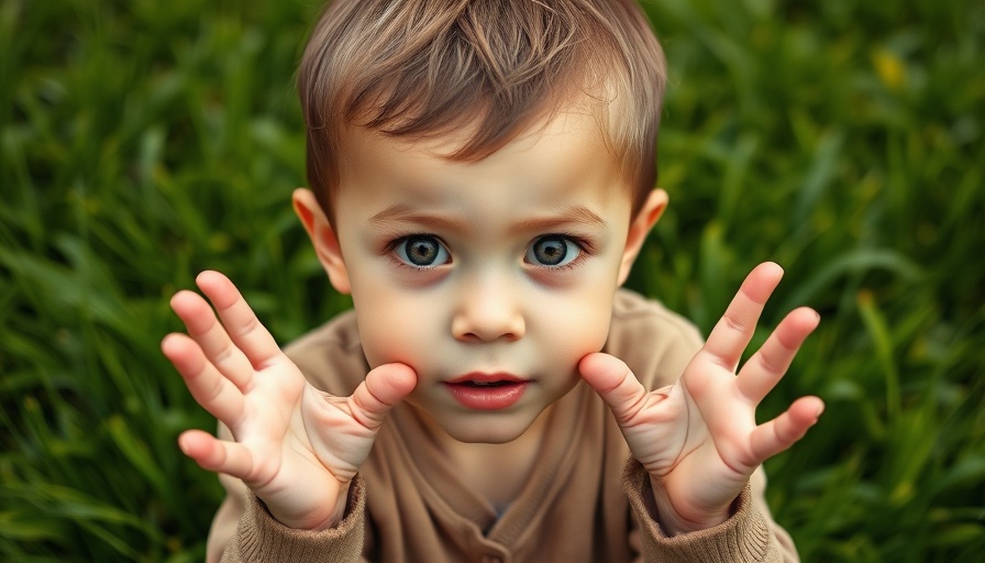 Curious child outdoors exploring, hands raised, questioning gesture.