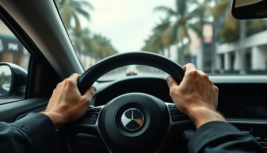 Hands on steering wheel driving through a palm-lined street.