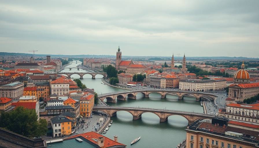 Aerial view of a historic city in Europe, showcasing river and iconic tower.