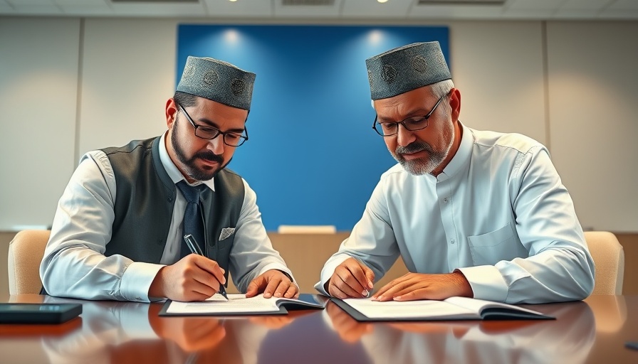 Two men in traditional attire sign documents at flydubai conference table, enhancing travel efficiency.