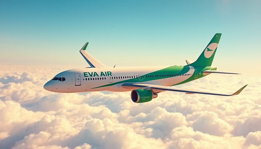 EVA Air plane soaring above clouds in clear blue sky, representing premium travel.