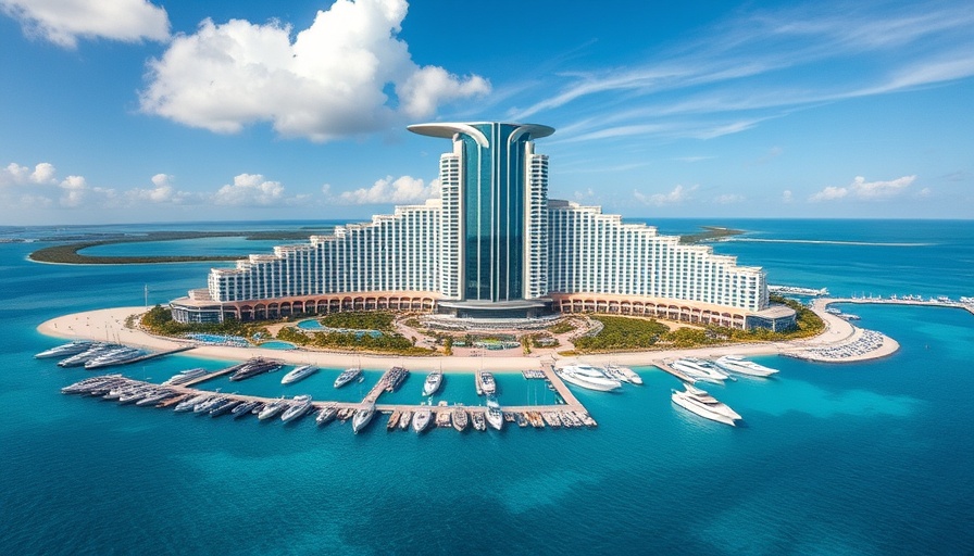 Luxurious integrated resort complex with tower and yachts, set in tranquil waters.