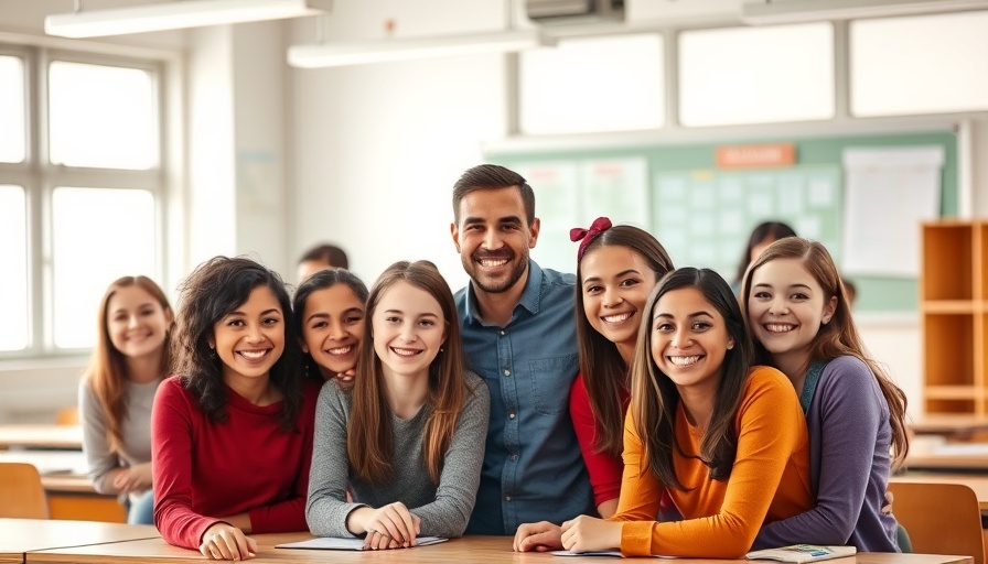 TEFL can change your life: Diverse group of students with teacher in classroom.