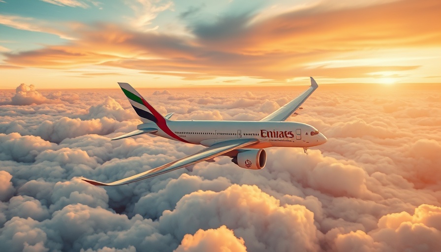 Emirates A350 cruising over clouds, sunrise.