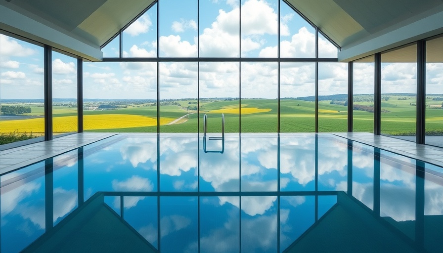 Tranquil indoor pool overlooking green fields in Sicily Blue Zone