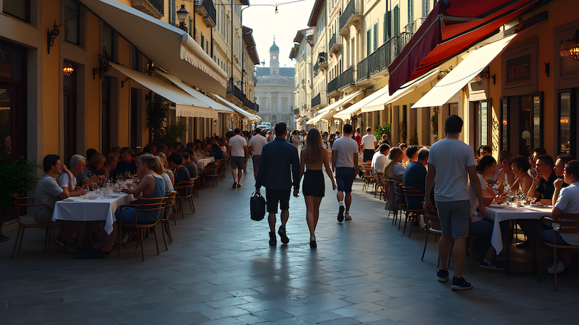 Bustling European street showcasing sustainable travel solutions and responsible tourism practices.