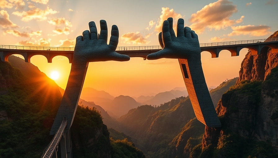 Golden Bridge over lush mountains at sunset, ideal 2025 summer getaways.