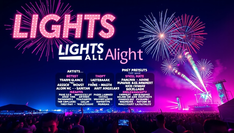 Lights All Night Festival poster with lineup and fireworks.