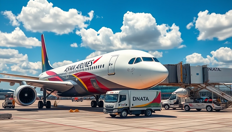 Asiana Airlines airplane being serviced by dnata catering truck at airport.