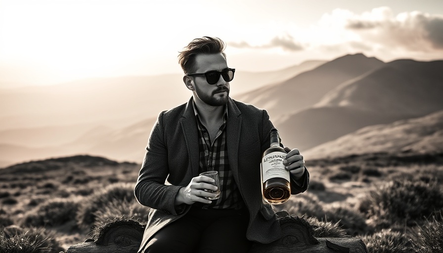 Stylish man with Glenmorangie in Scottish Highlands landscape.