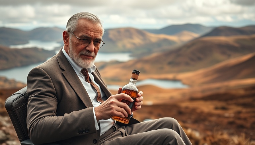 Sophisticated man with whiskey in scenic highland landscape, travel news.