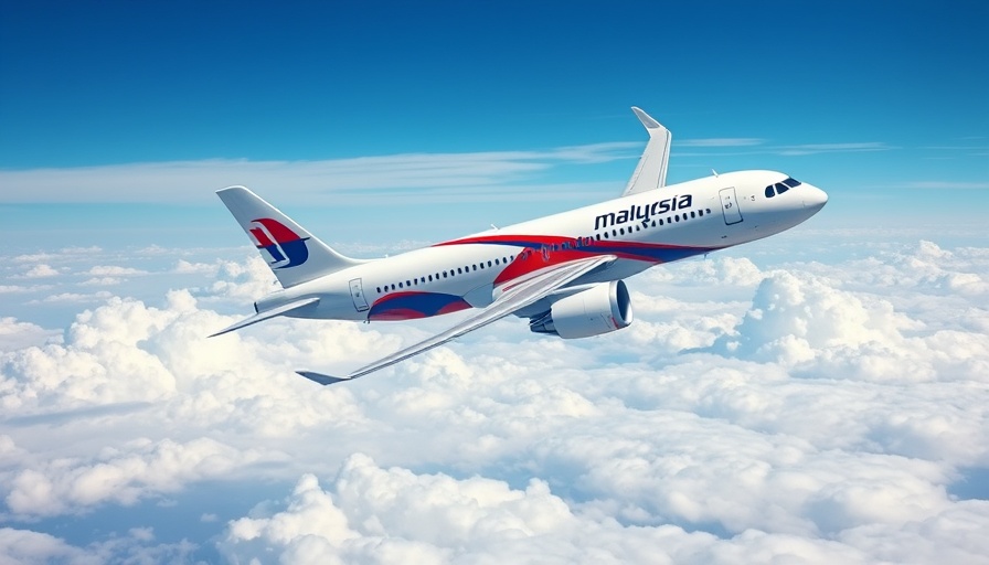 Malaysia Airlines aircraft mid-flight over clouds, promoting travel offers.