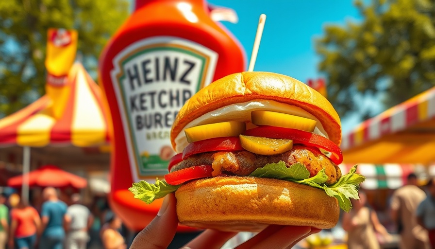 Juicy burger at Pittsburgh food festival with Heinz backdrop.