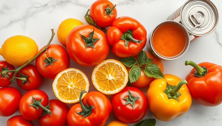 Fresh ingredients for tomato juice on marble surface, highlighting fresh tomato revolution in airlines.