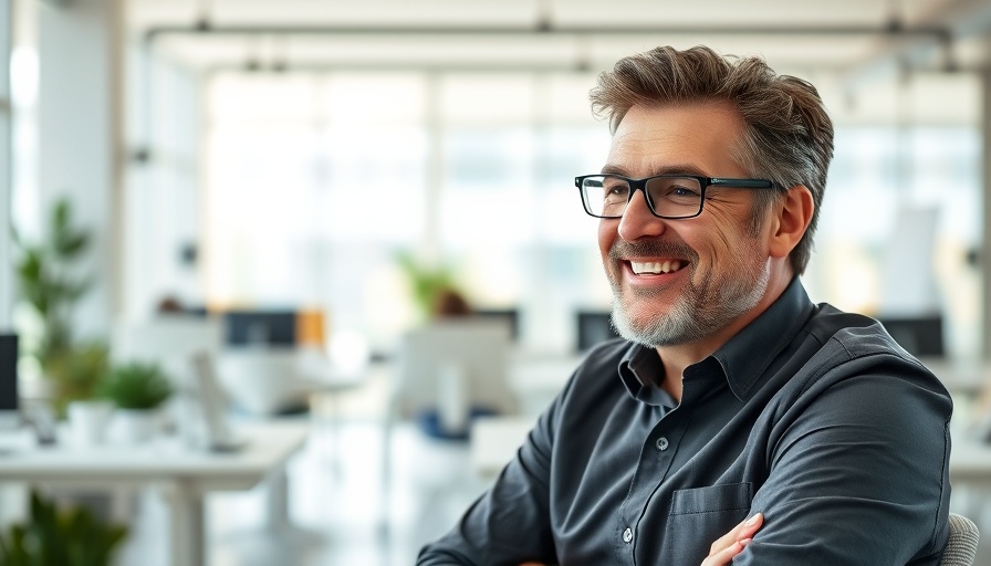 Confident man in modern office setting, bright natural light.