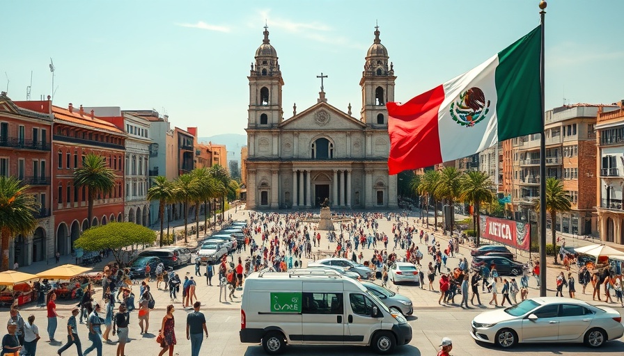 Vibrant city plaza with cathedral and Mexican flag for travel news US.