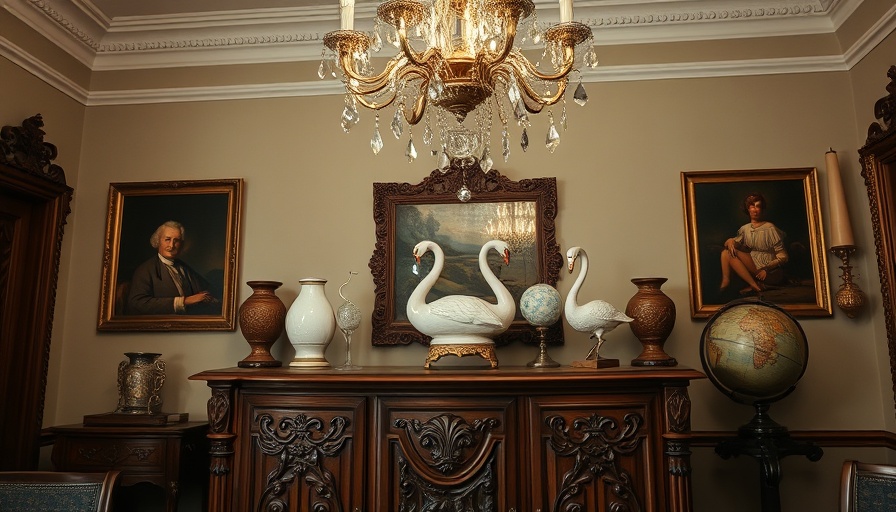 Elegant vintage interior with antique cabinet and ornate items.