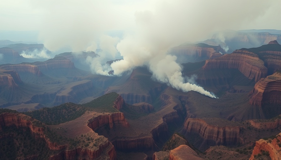 Aerial view of Grand Canyon wildfires with smoke rising.