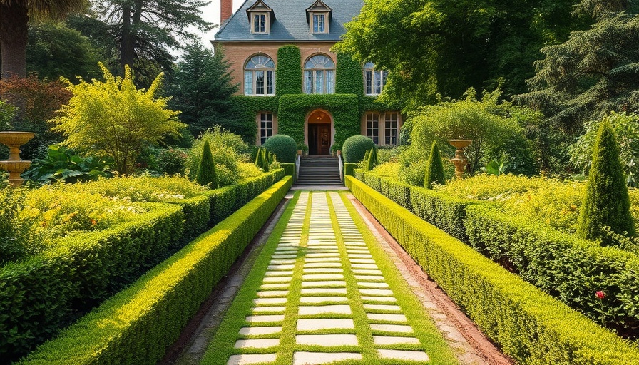 Elegant garden path in luxury travel setting leading to stately building.