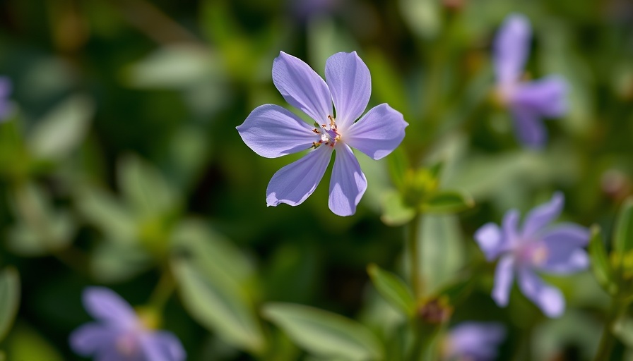 Purple flower blooming in natural background, sustainable travel.