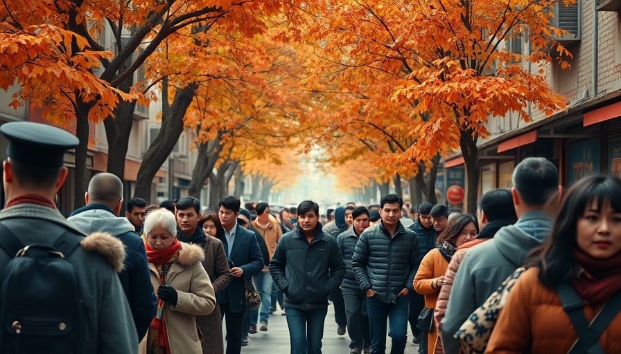 Choosing travel destination in autumn street with diverse crowd