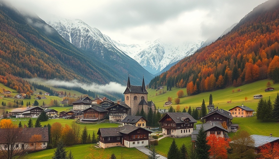 Scenic Swiss village amidst lush hills and mountains