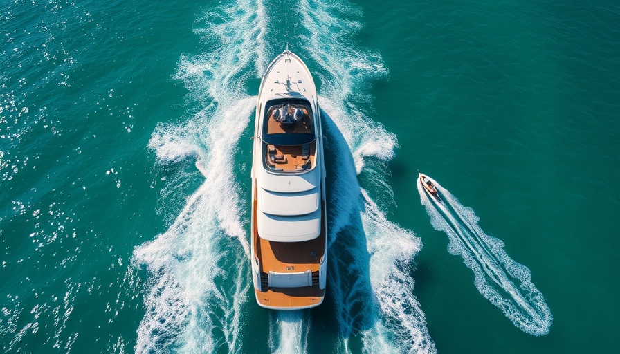 Aerial view of a yacht and jet skis in turquoise waters, Italy.