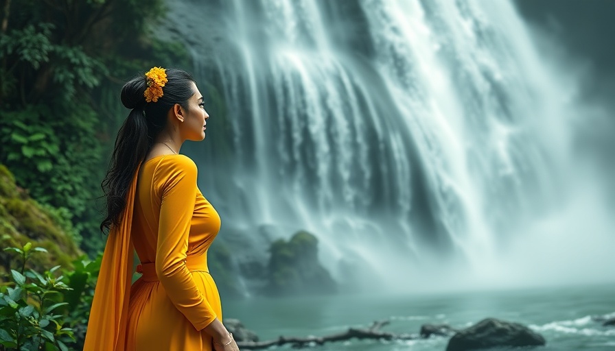 Woman in yellow dress by a waterfall, vibrant travel destination.