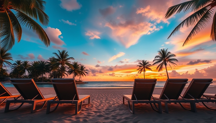 Beachfront sunset scene with lounge chairs - how to choose travel destination.