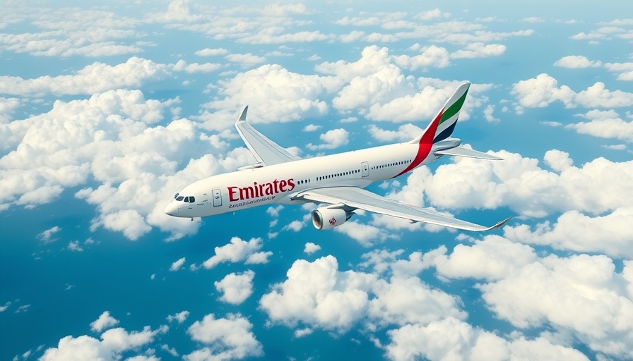 Emirates airplane flying high, representing the third daily flight to Mauritius.