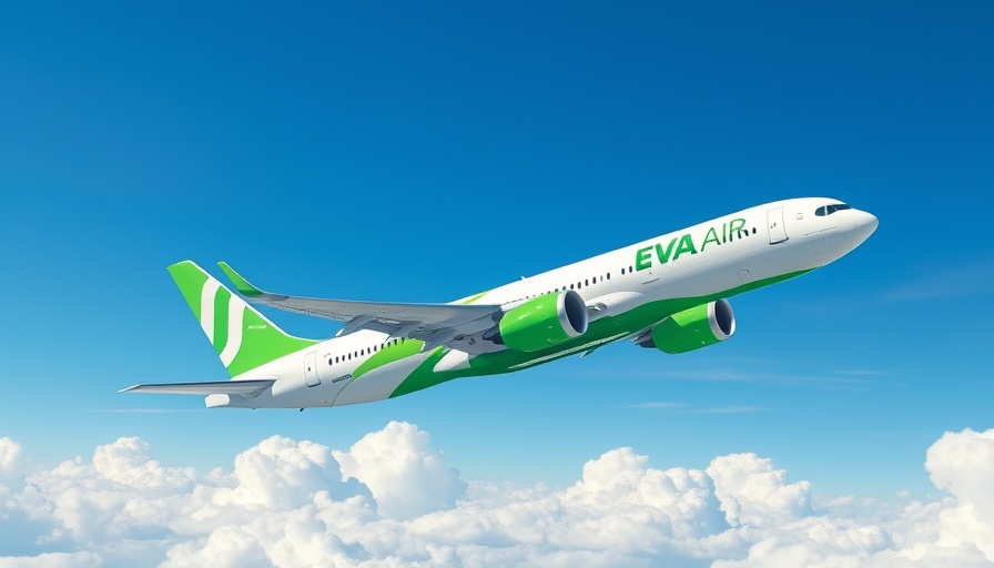 EVA Air airplane flying high against a bright blue sky with clouds.