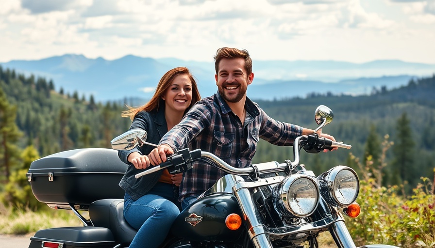 Couple enjoying mountain view on a motorcycle, ideal for family travel.