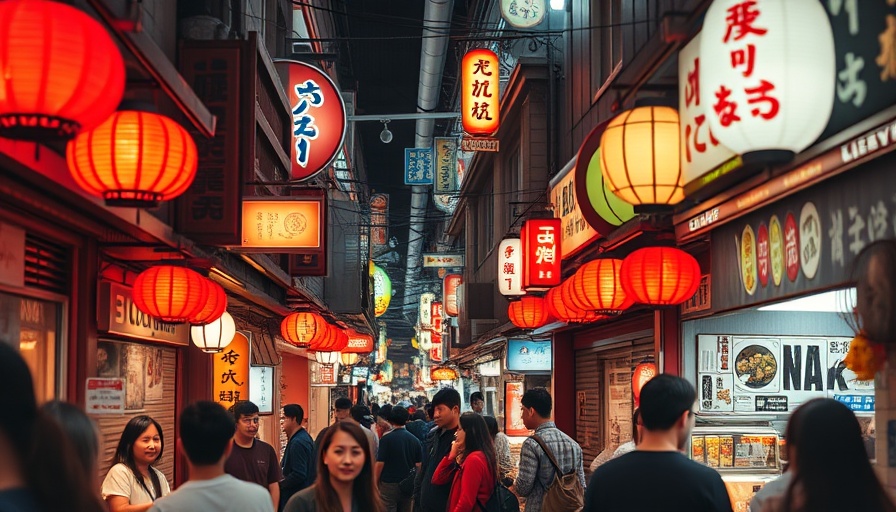 Vibrant Japanese food alley with lanterns and people.
