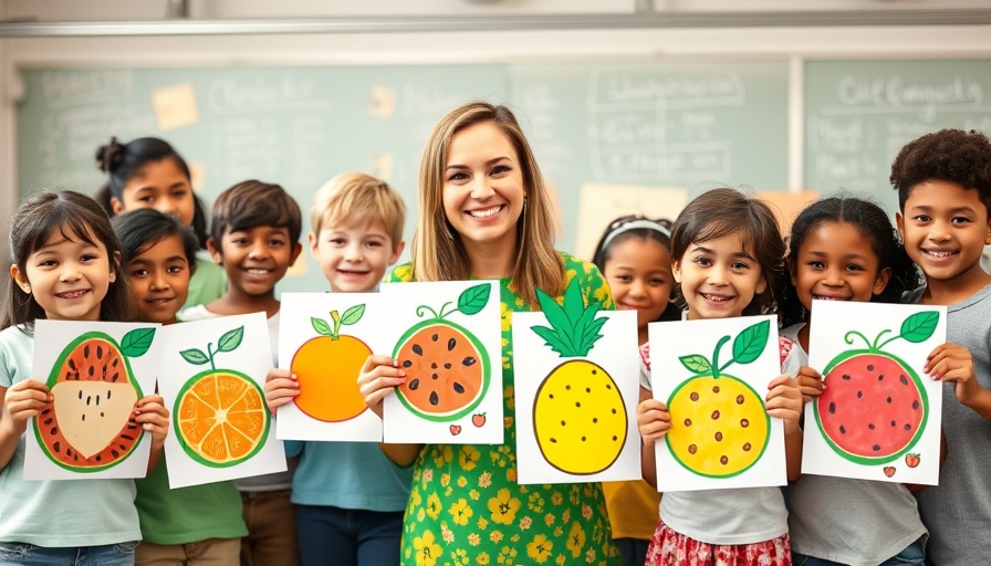 Future of TEFL in 2025: Teacher with students showcasing art in a dynamic classroom.