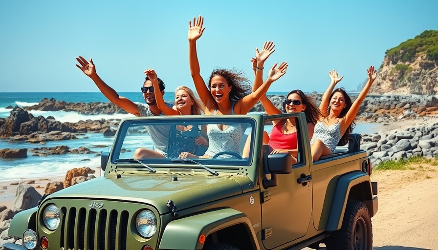 Group of friends in jeep on rocky beach - travel news.
