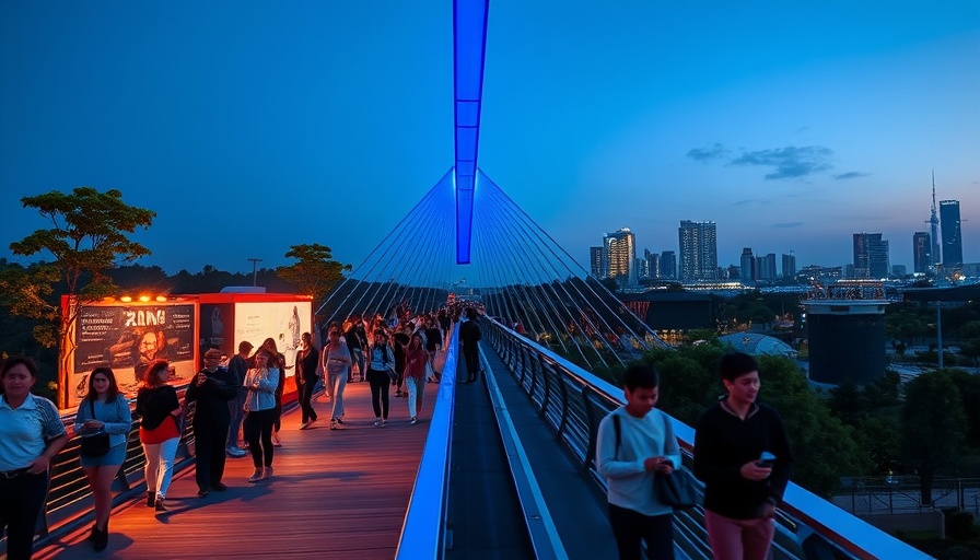 Cultural events today on a brightly lit pedestrian bridge at night.