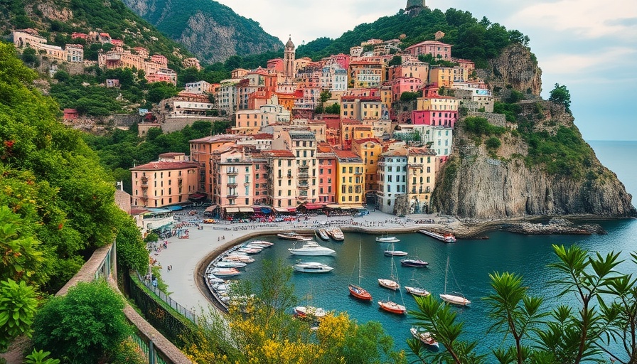 Scenic Amalfi Coast view with harbor and cliffs, elegant essentials for travel to the Amalfi Coast.
