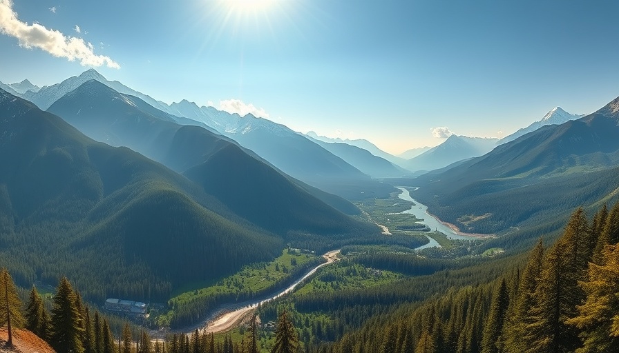 Scenic mountain destination with river and forest.