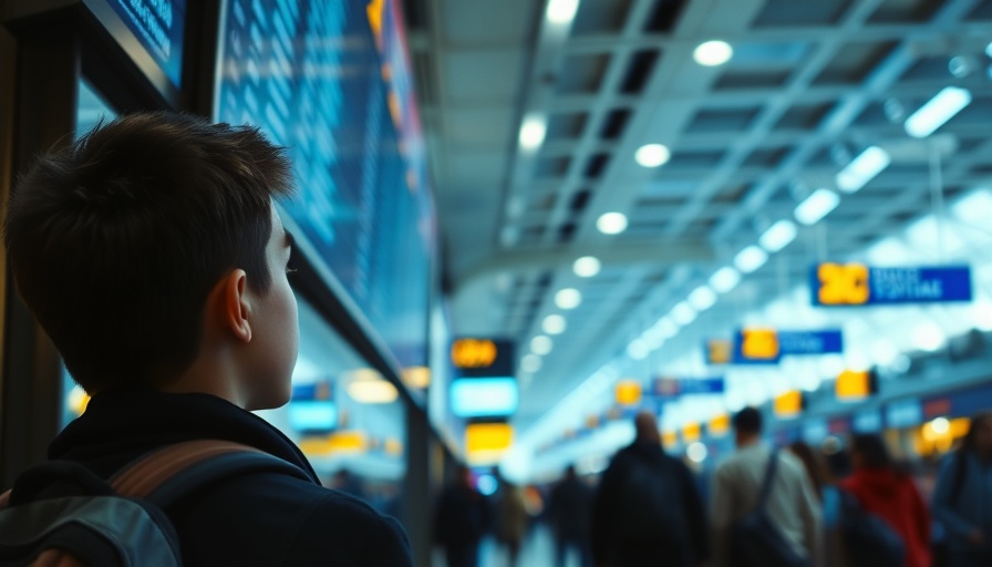 Young traveler choosing travel destination at busy airport.
