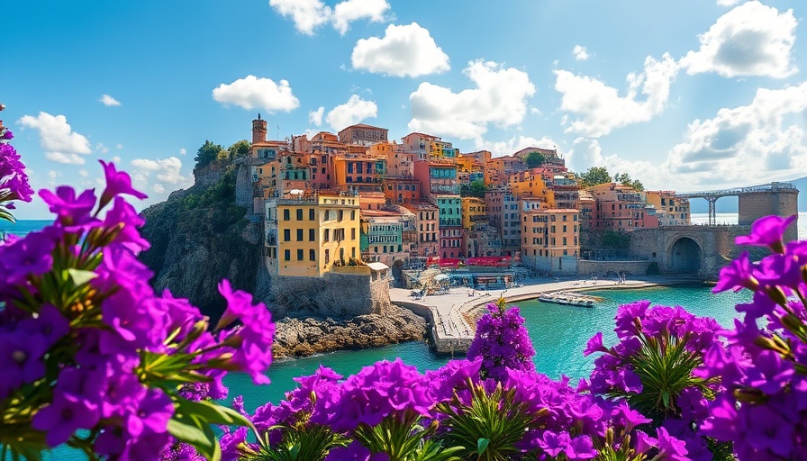 Colorful Italian coastal village overlooking the sea, Italy tourism records.