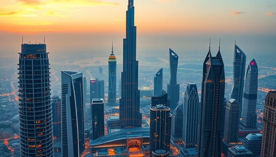 Vibrant sunset cityscape of modern skyscrapers for affordable romantic travel.
