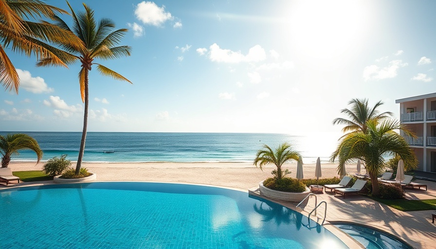 Tropical paradise in Mauritius featuring palm-lined beach and pool.