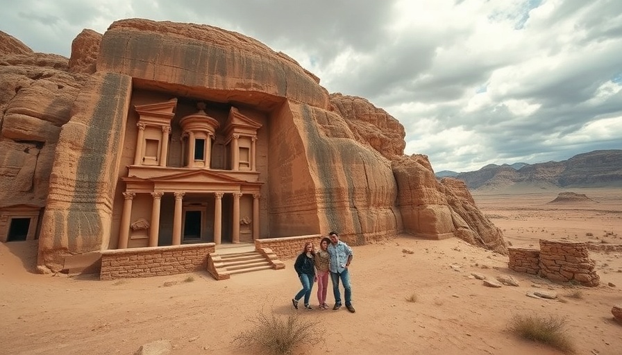 Family adventure tours at ancient rock site under cloudy sky.