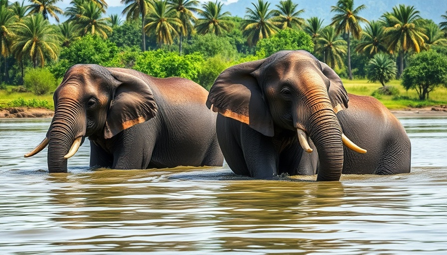 Elephants bathing in Sri Lanka river near cricket tour.