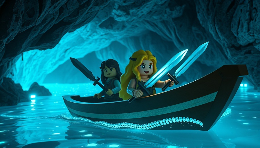 Blocky explorers in a glowing cave with AI travel planning on screen.