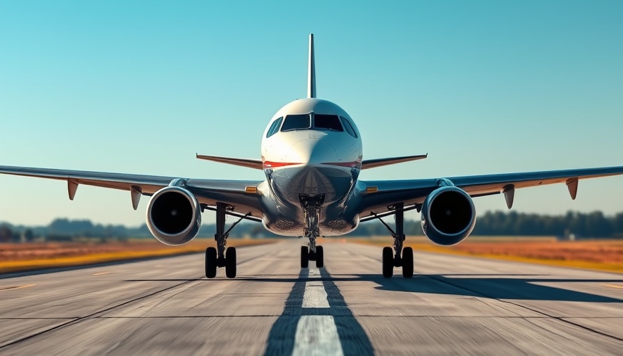 Airplane ready for takeoff on a runway under a clear blue sky.