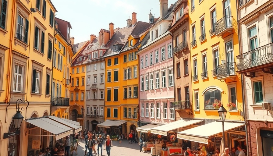 Charming European town square with vibrant market and architecture, showcasing easyJet new routes from Newcastle.